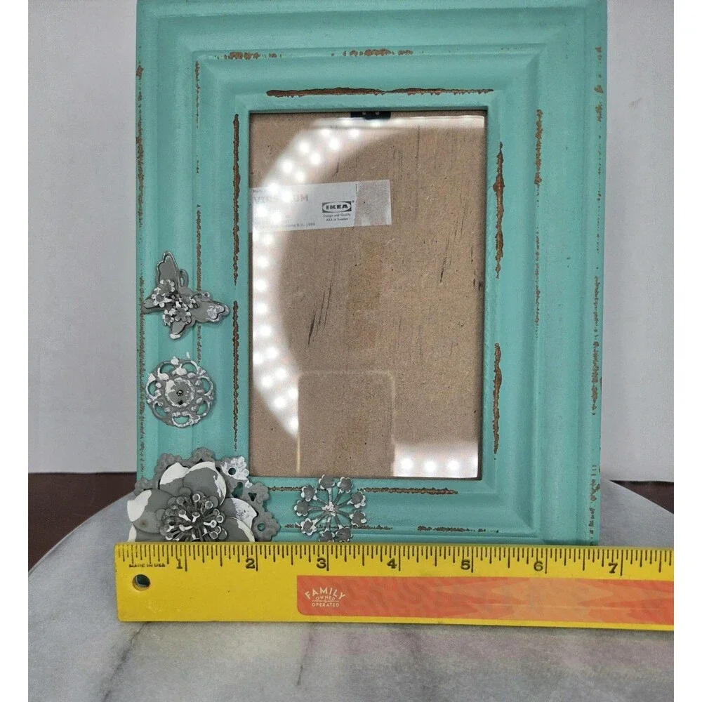 IKEA VIRSERUM Photo Frame 4x6 Blue Distressed Wood Floral Butterfly Shabby Chic